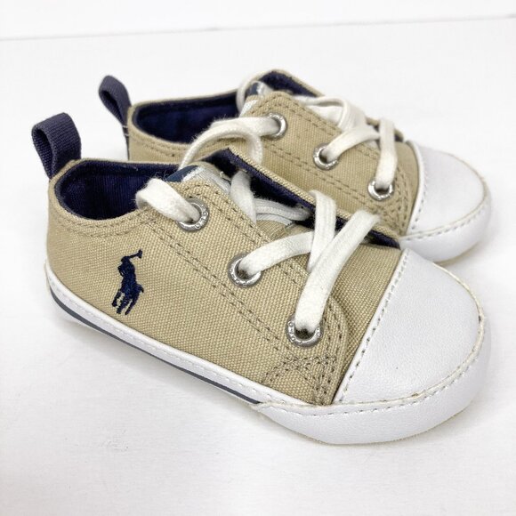 Ralph Lauren Polo Crib Shoes Infant Size 3 Khaki Soft Preppy Sneaker - Picture 1 of 12